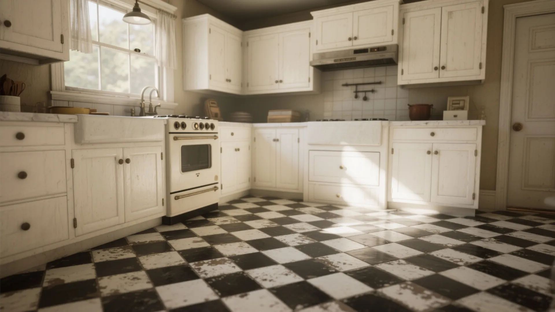 White cabinets with classic black-and-white check or black hex tile floor for a vintage look.