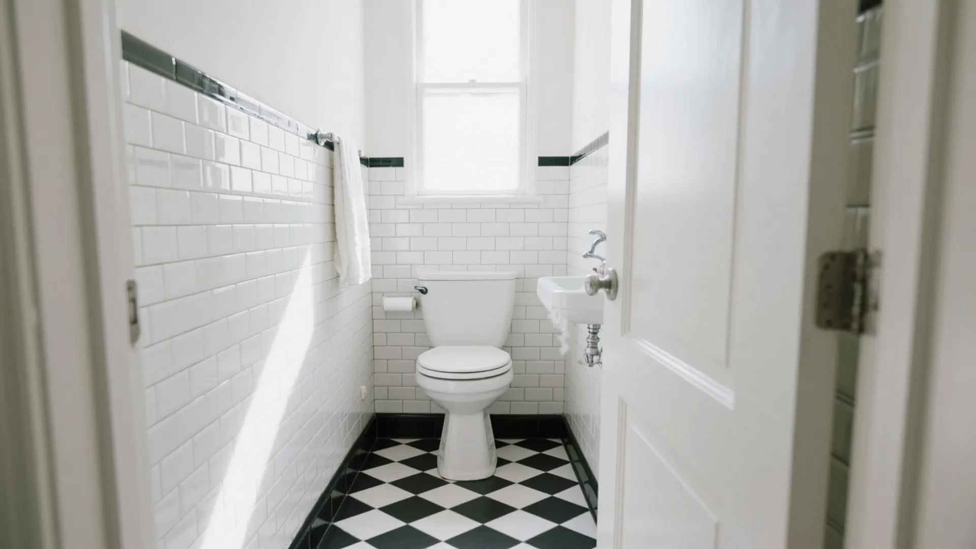 Small classic bathroom with black and white checkered floor tiles white subway wall and toilet