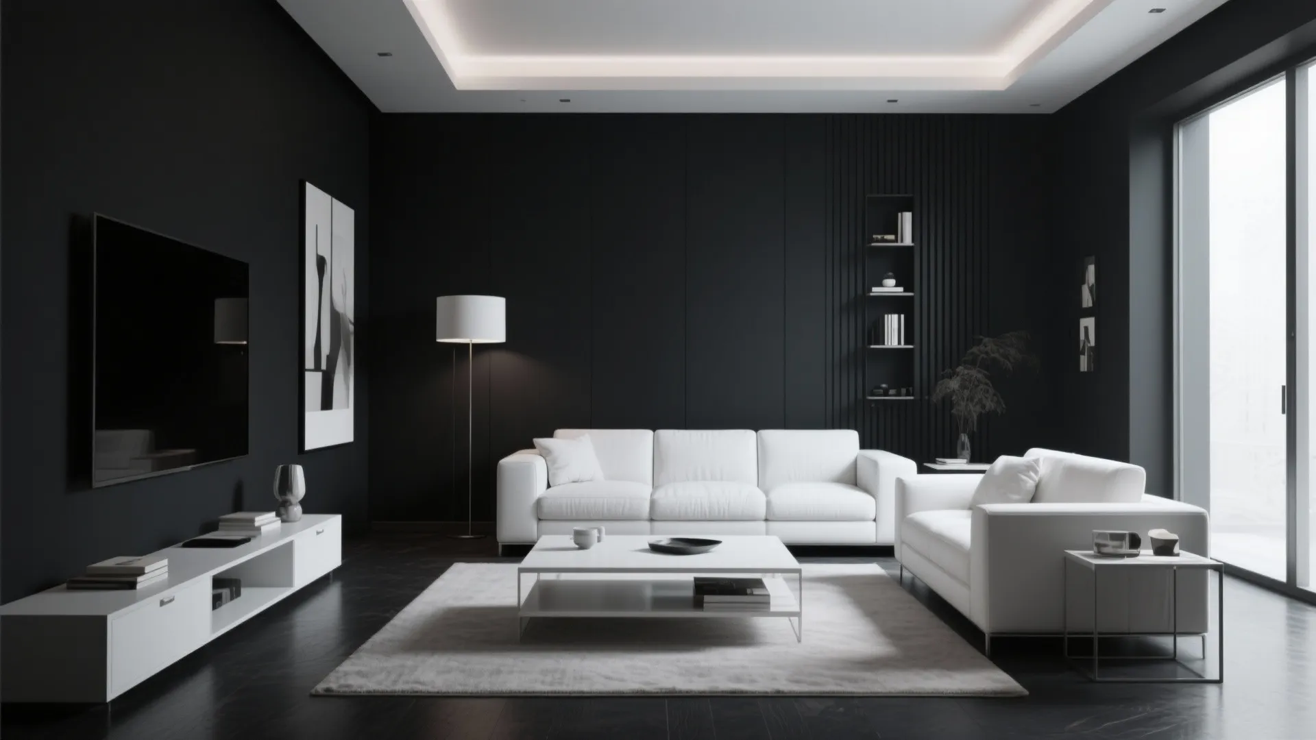 Bachelor pad living room with black wall behind white furnishings