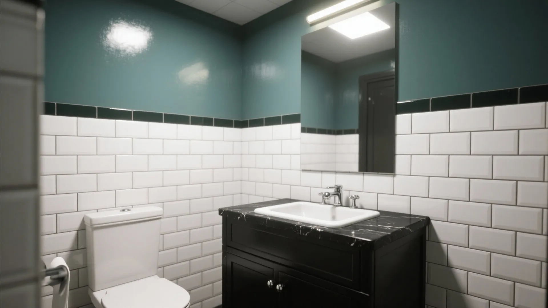 High-contrast bathroom showing a black countertop against bright white tile with dark grout.