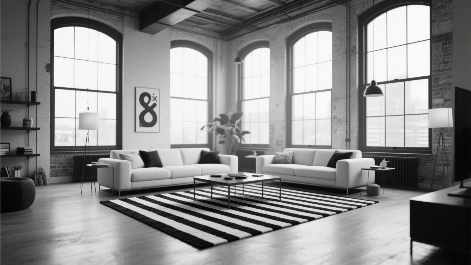 Industrial loft living room with white sofas striped rug black coffee table and large arched windows