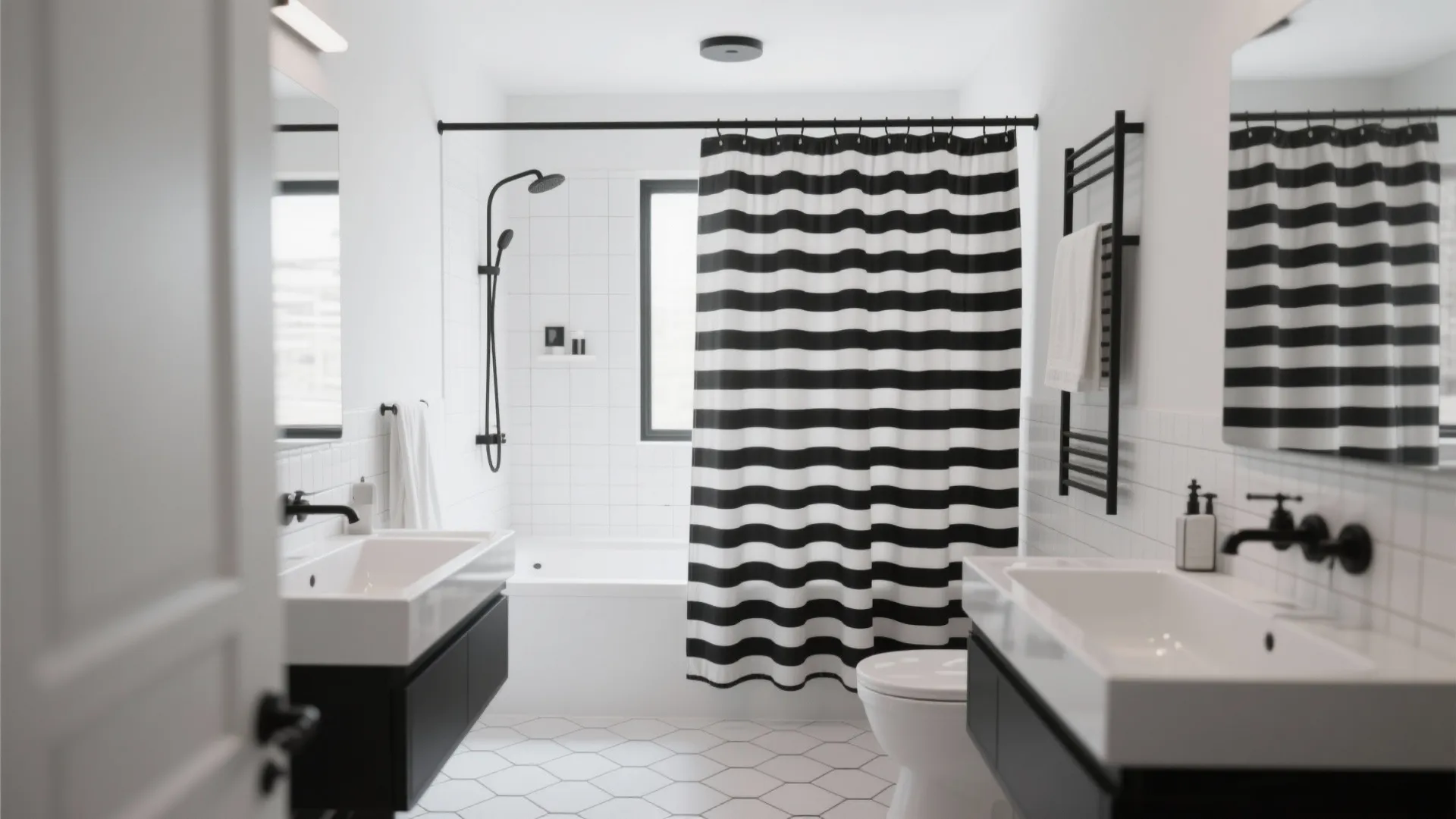Modern bathroom featuring white walls black and white striped shower curtain two sinks and toilet