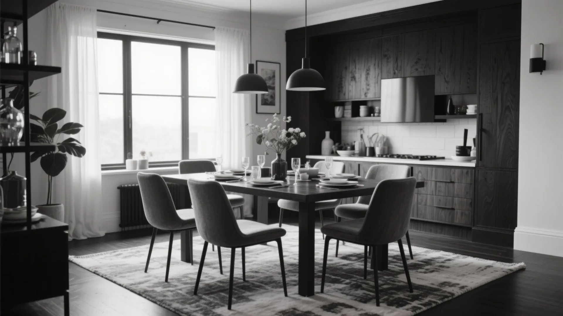 Dining area with dark wood kitchen cabinets large window white curtains and black pendant ceiling light