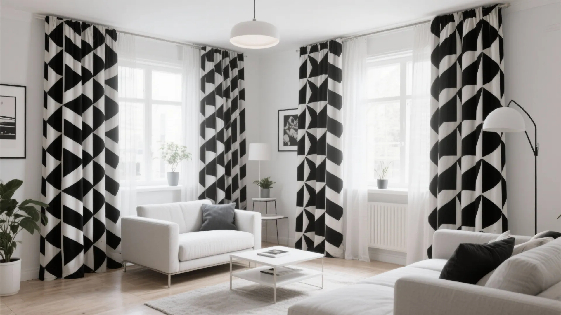 Modern living room featuring white sofas and curtains with black and white geometric pattern designs