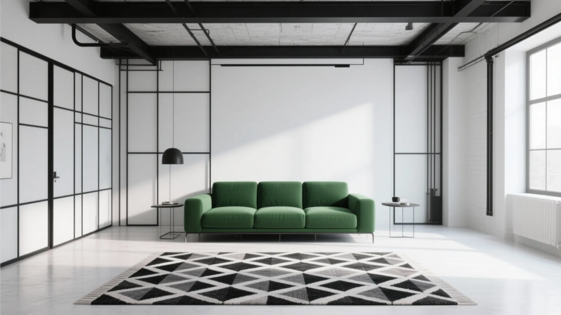 Modern white living room with green sofa geometric rug black ceiling beams and natural light