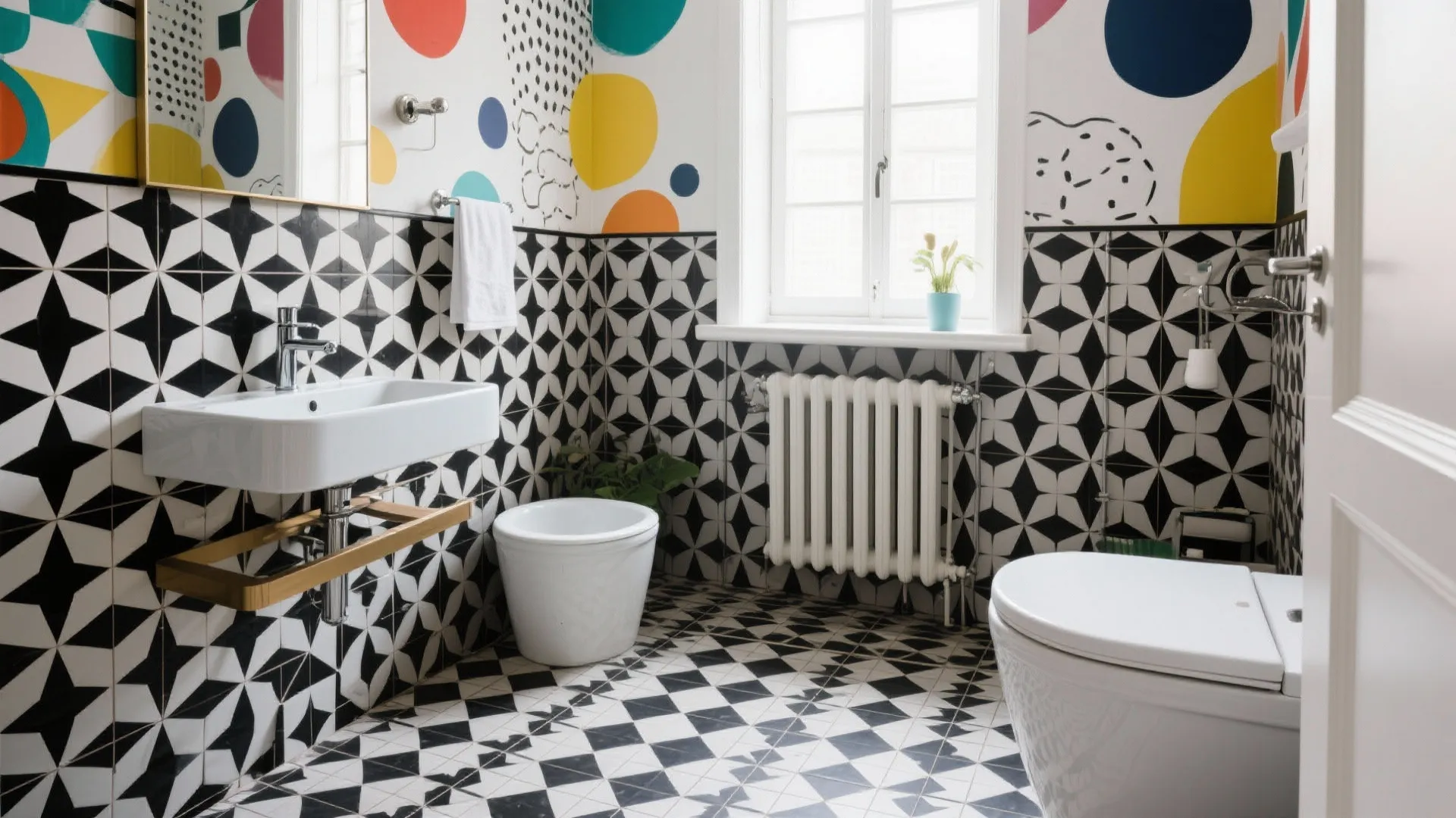 Colorful bathroom with black and white star tiles spotted wallpaper white sink toilet and window