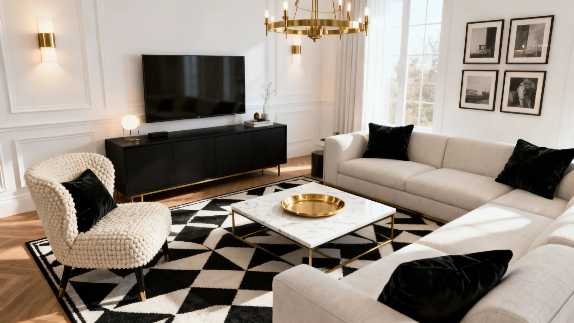 Modern living room with white sofa black cabinet geometric rug marble table and ceiling light