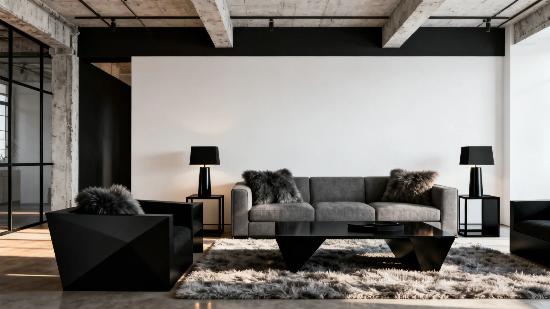 Grey sofa in a modern loft with white walls and black accents creating a graphic look