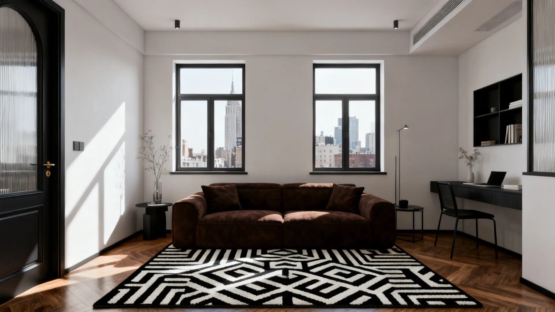 City apartment with a brown sofa and a bold black-and-white graphic rug