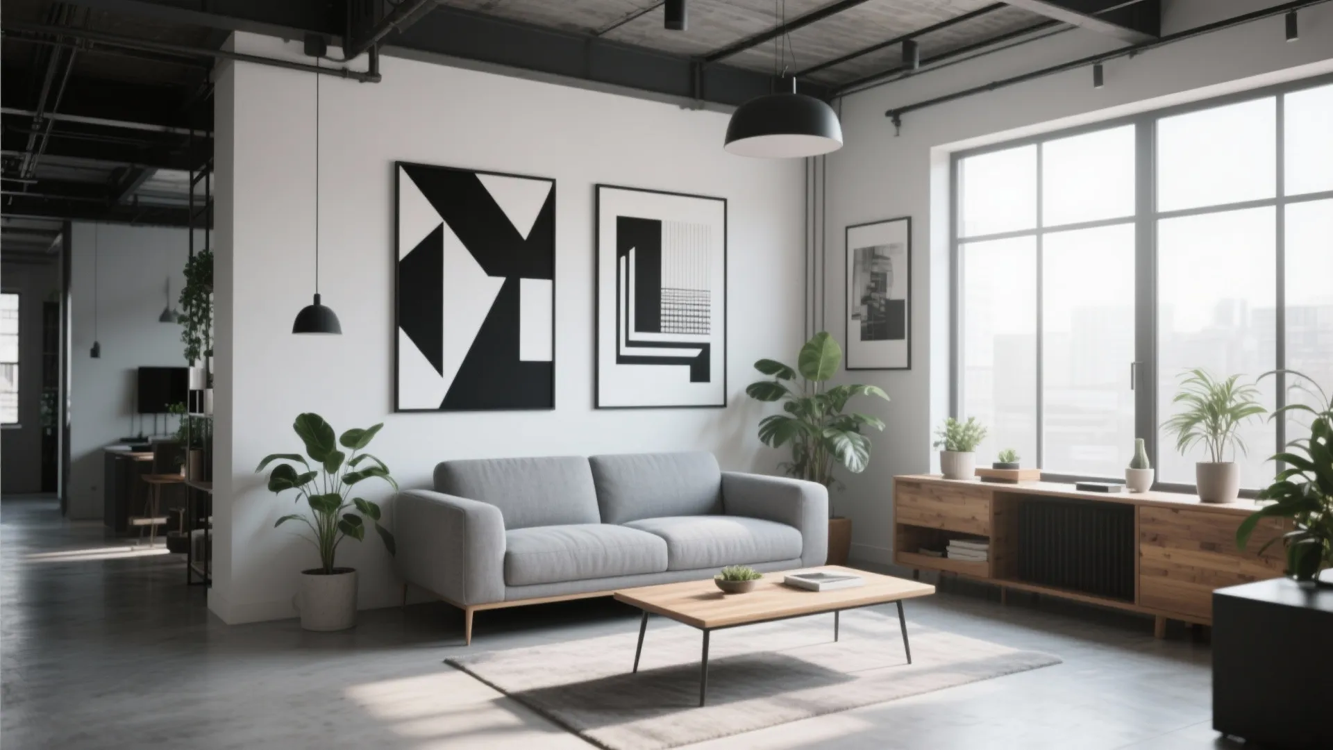 Light grey sofa with black-and-white wall art in modern loft