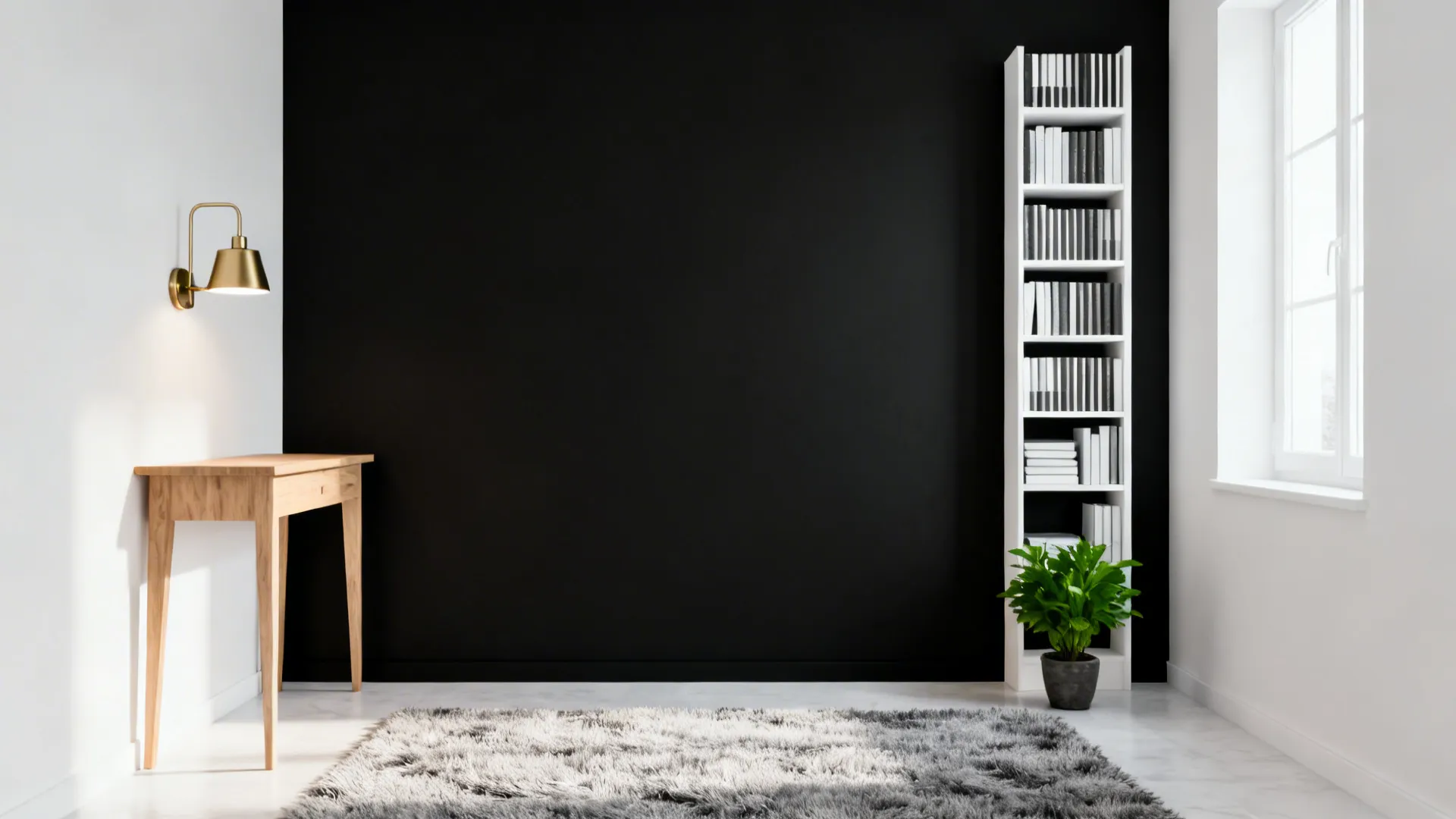 Modern room with black wall wooden desk gold wall light white bookshelf green plant grey rug