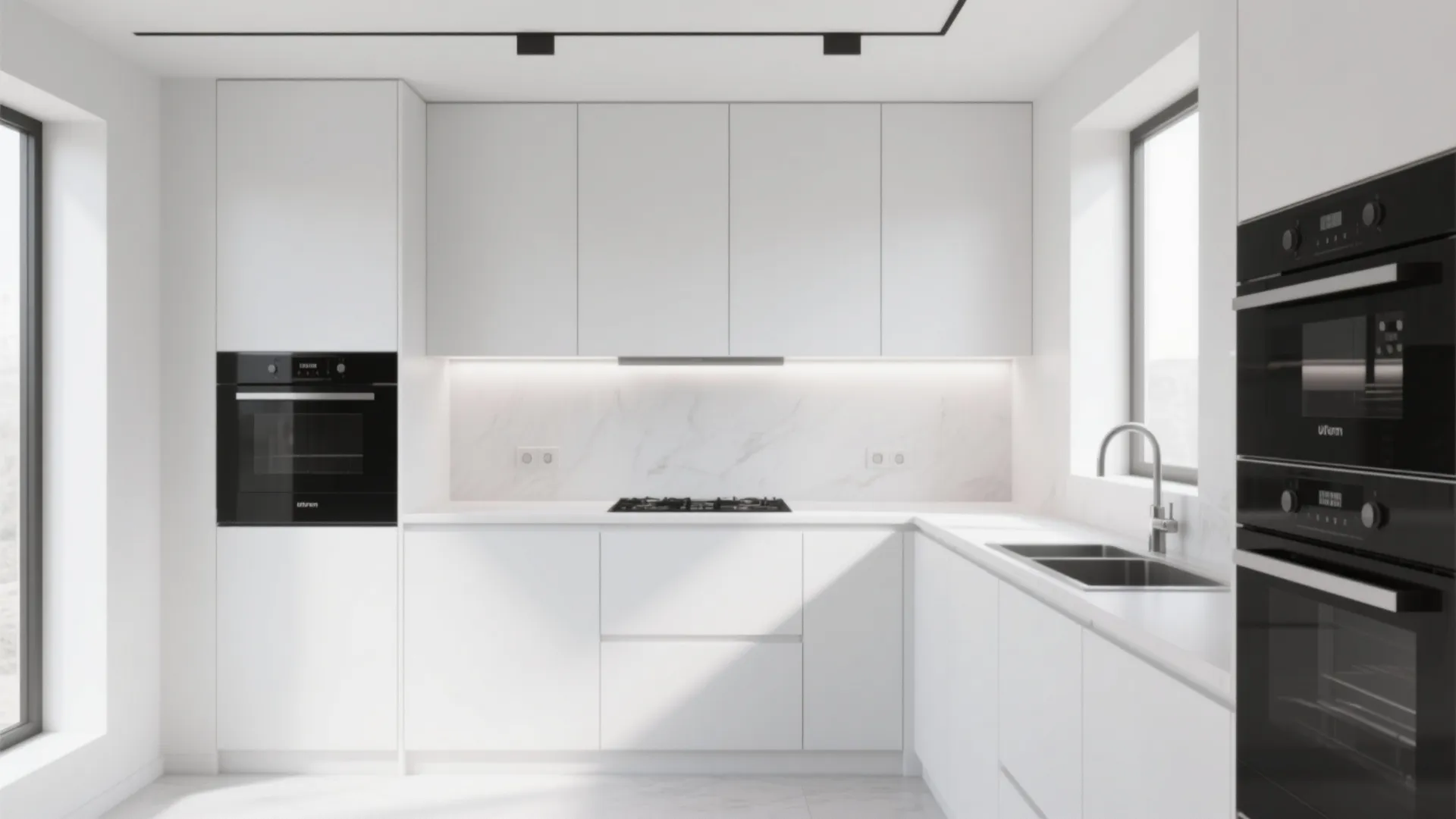 Minimalist white kitchen with built in black ovens white cabinets and clean marble wall tiles design
