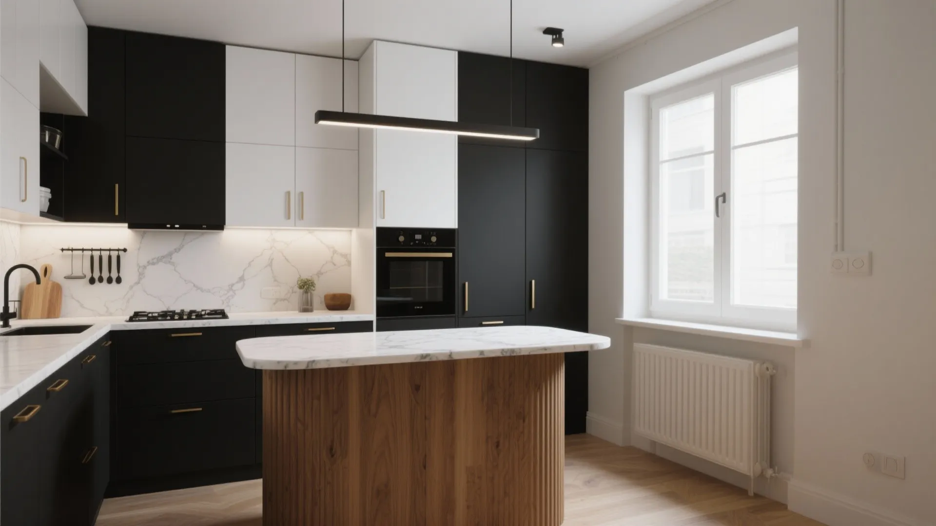 Minimalist kitchen with black and white cabinets wood island marble countertop and long black light