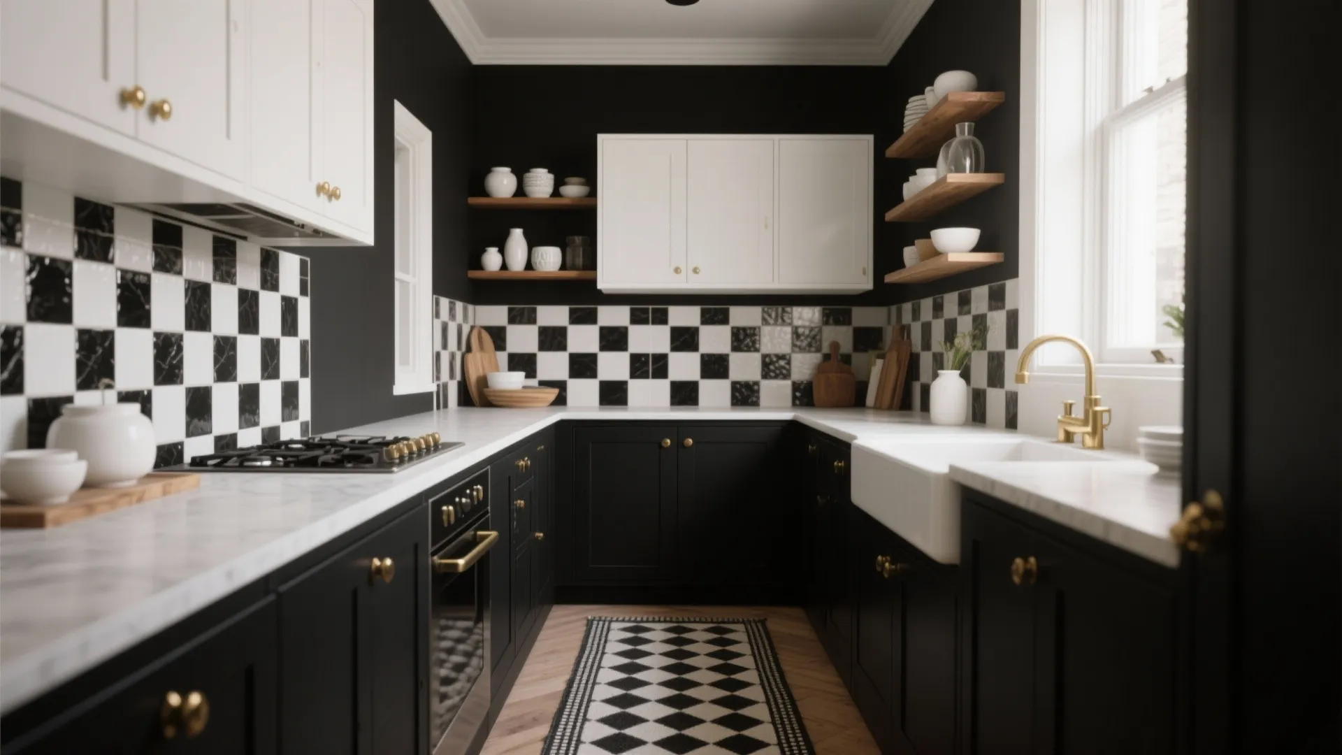 Modern black and white kitchen with checkerboard tiles gold sink faucet and dark wood cabinets