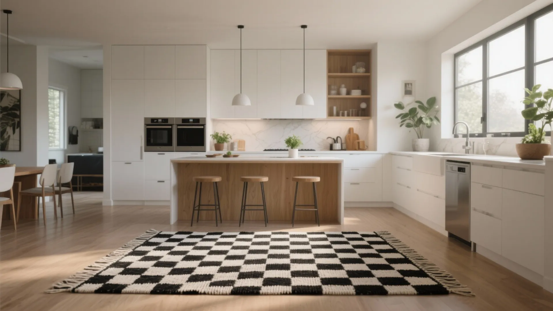 Bright white kitchen featuring wooden island stools and black and white checkered rug on floor