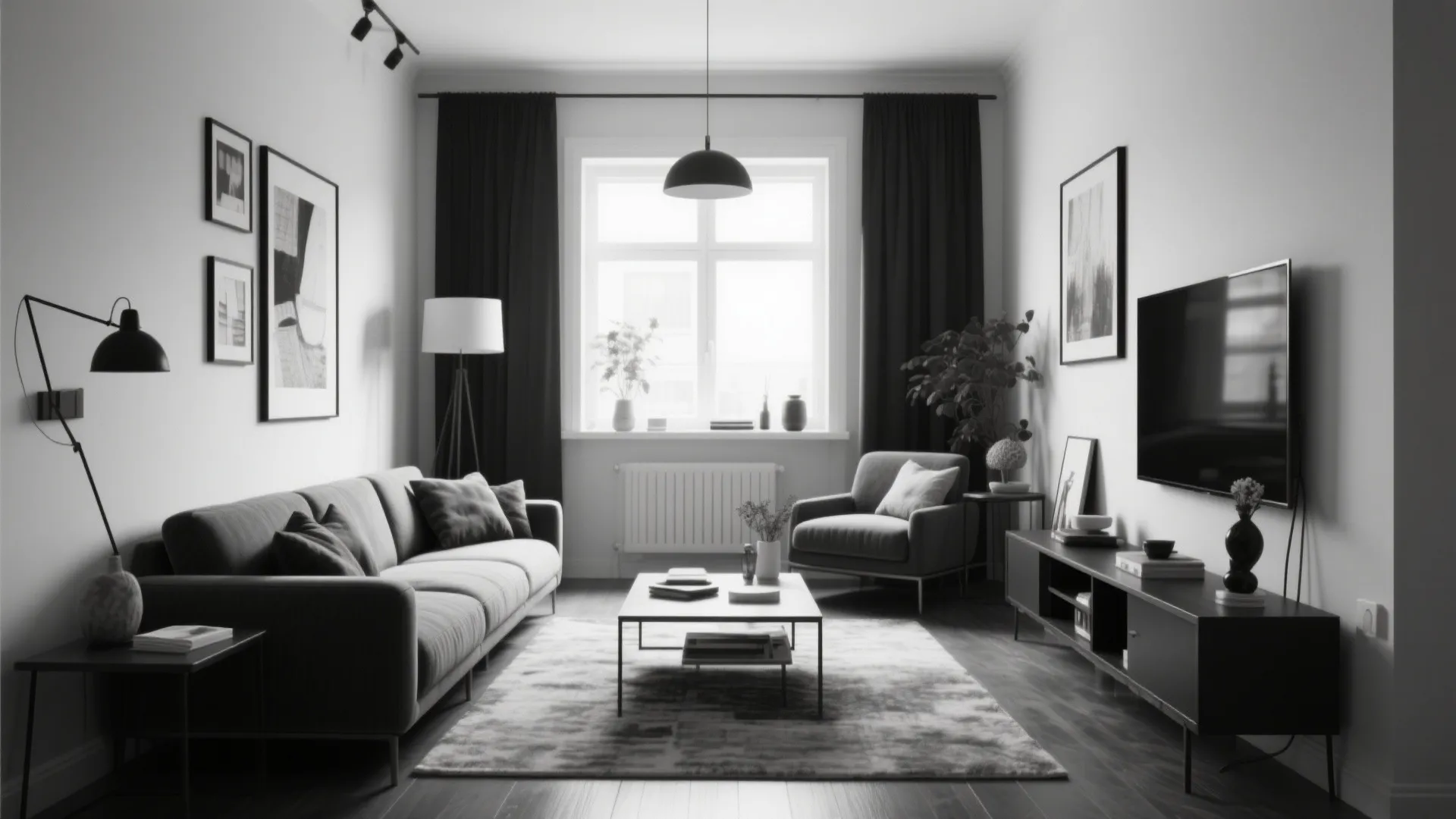 Modern black and white living room with grey sofa ceiling light television and large window