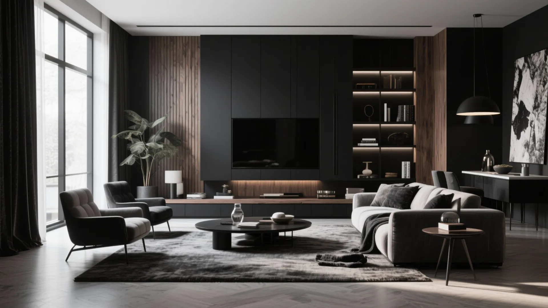 Luxury dark living room with wood wall panels large television grey sofa and round table