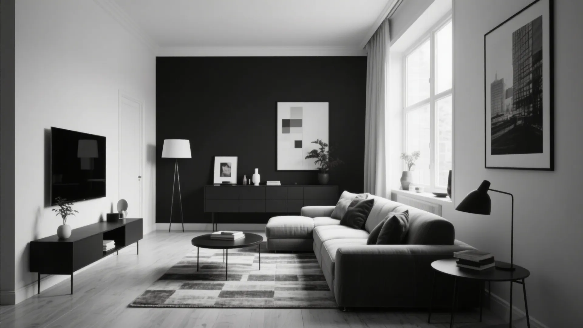 Minimalist black and white living room with grey sofa black cabinet floor lamp and window