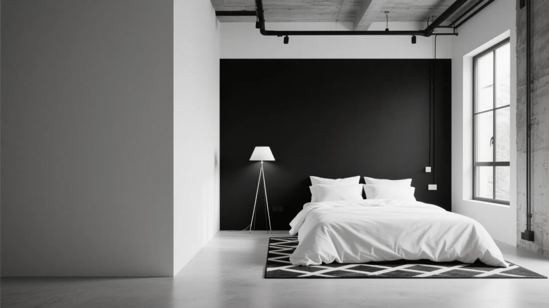 Black and white loft bedroom with modern decor