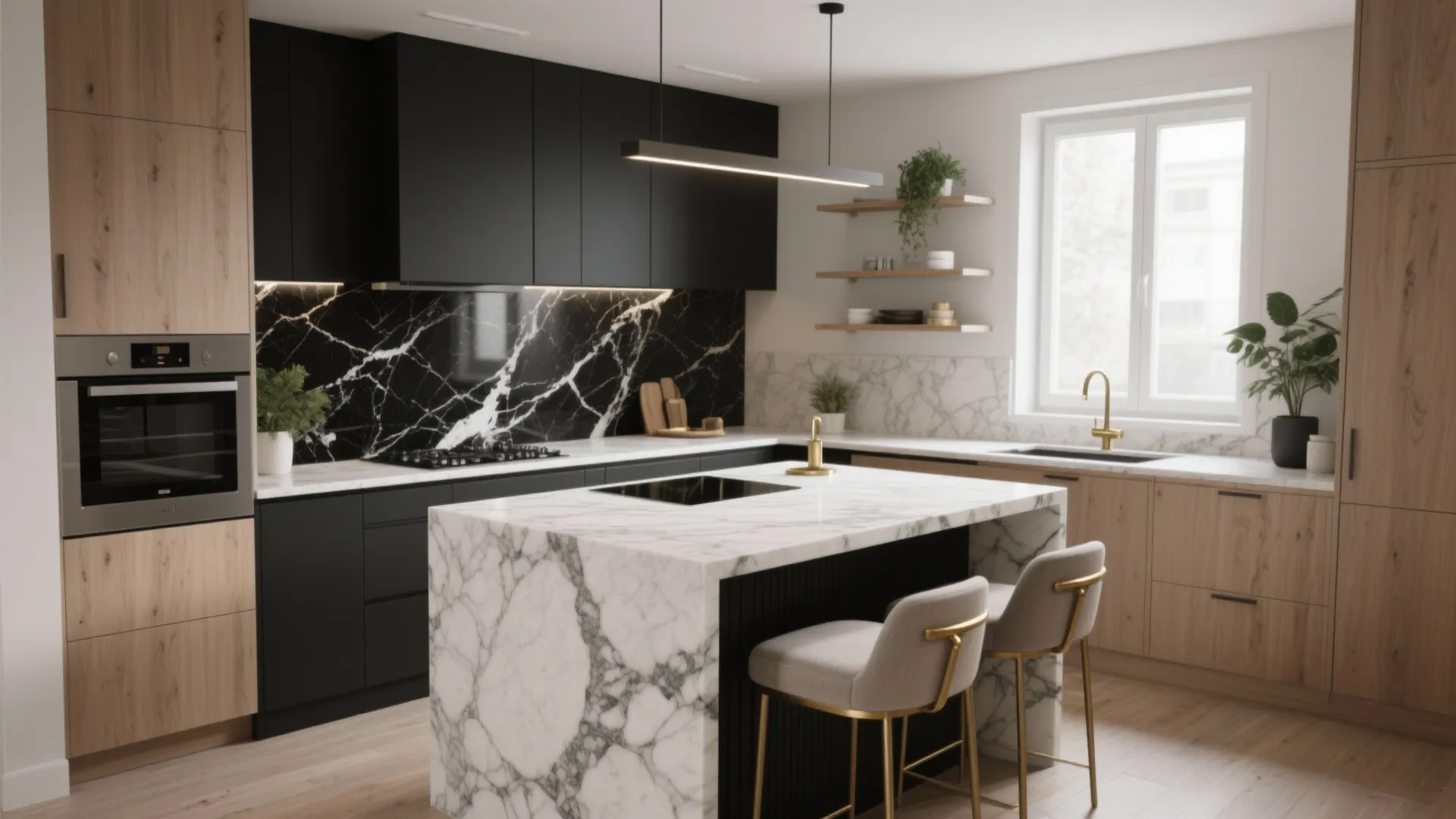 Modern kitchen with white marble island wood cabinets black wall units and two grey stools indoor