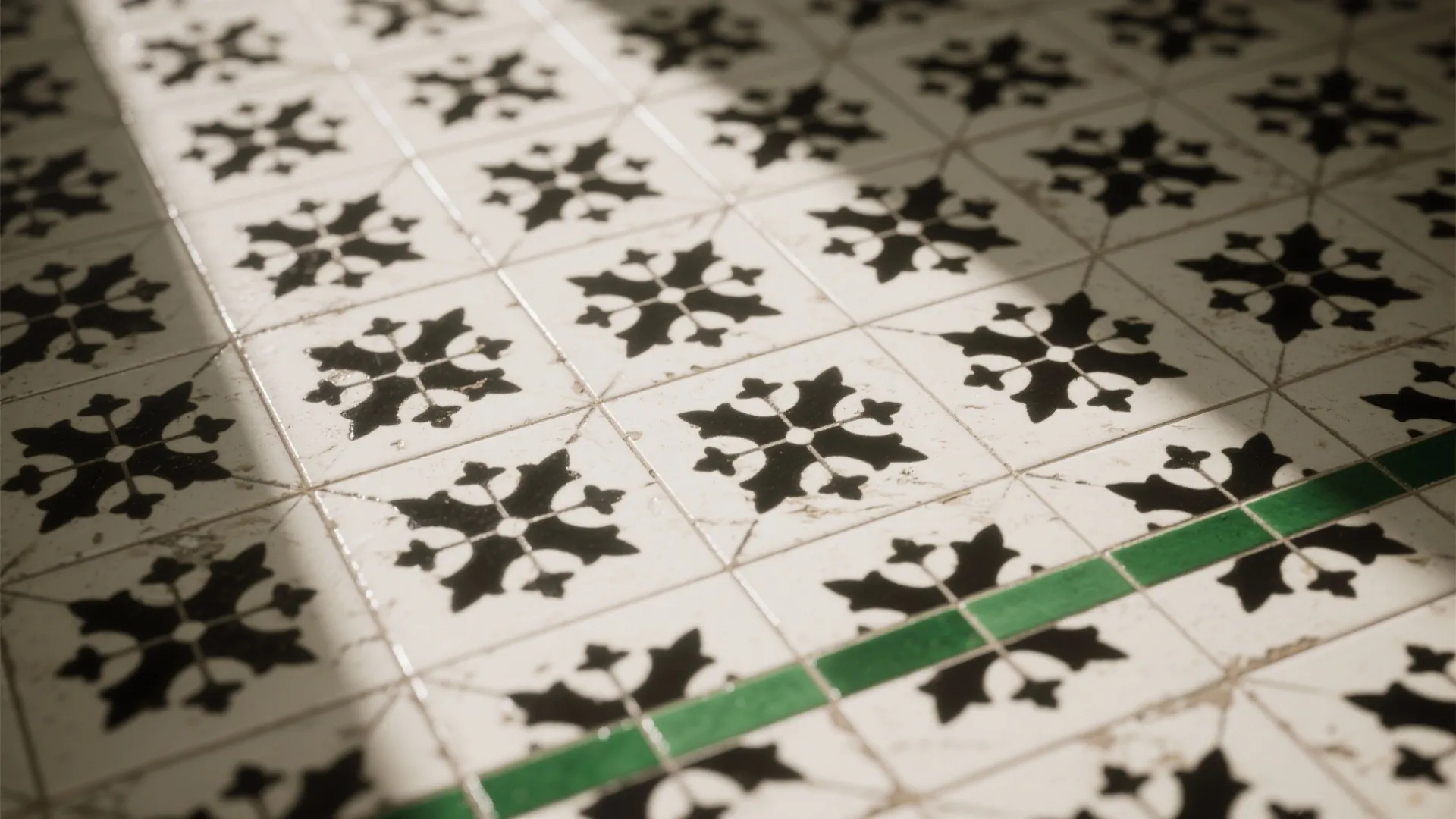 2. Patterned Black-and-White Tile with Green Trim