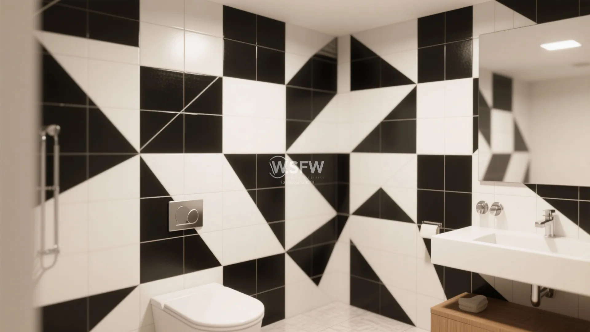 Modern bathroom with black and white pattern wall tiles, white sink, toilet, and glass mirror
