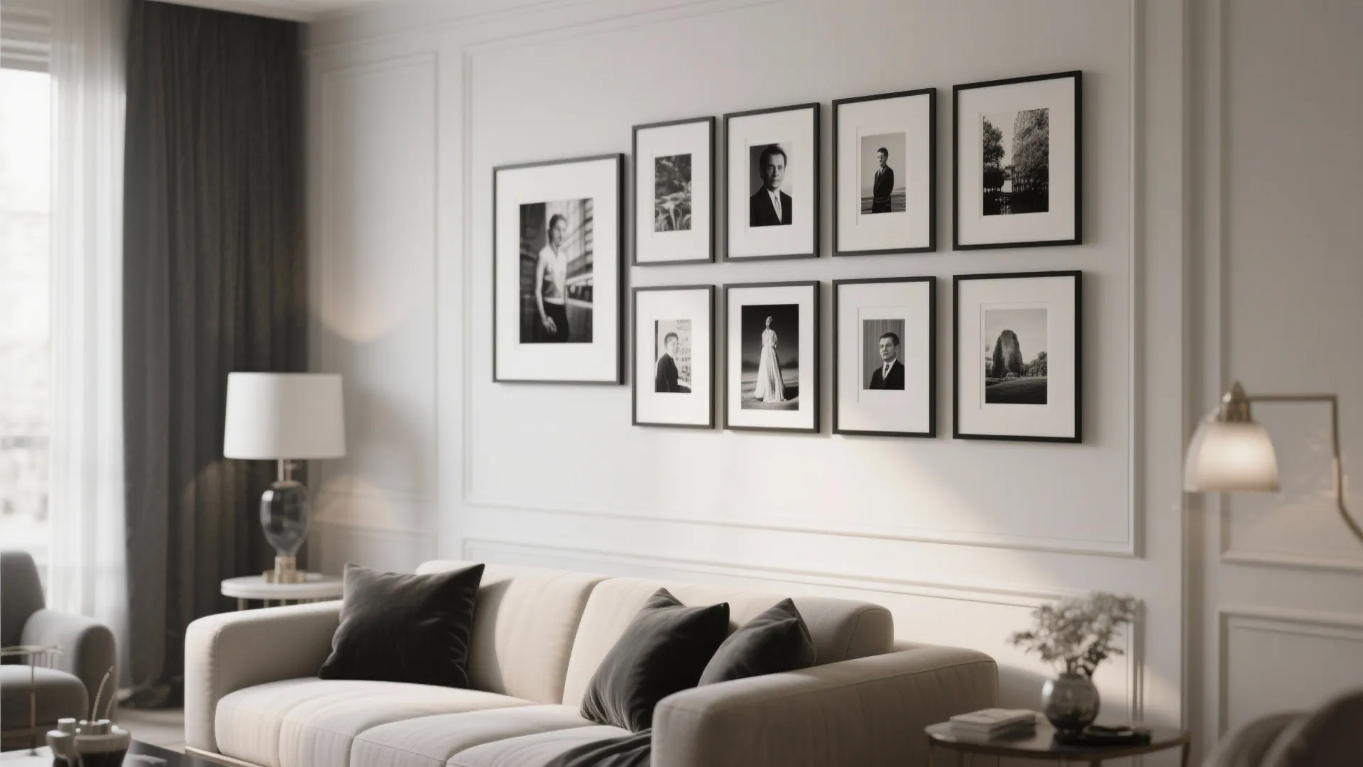 Living room wall panel with nine black and white photos framed above a white sofa