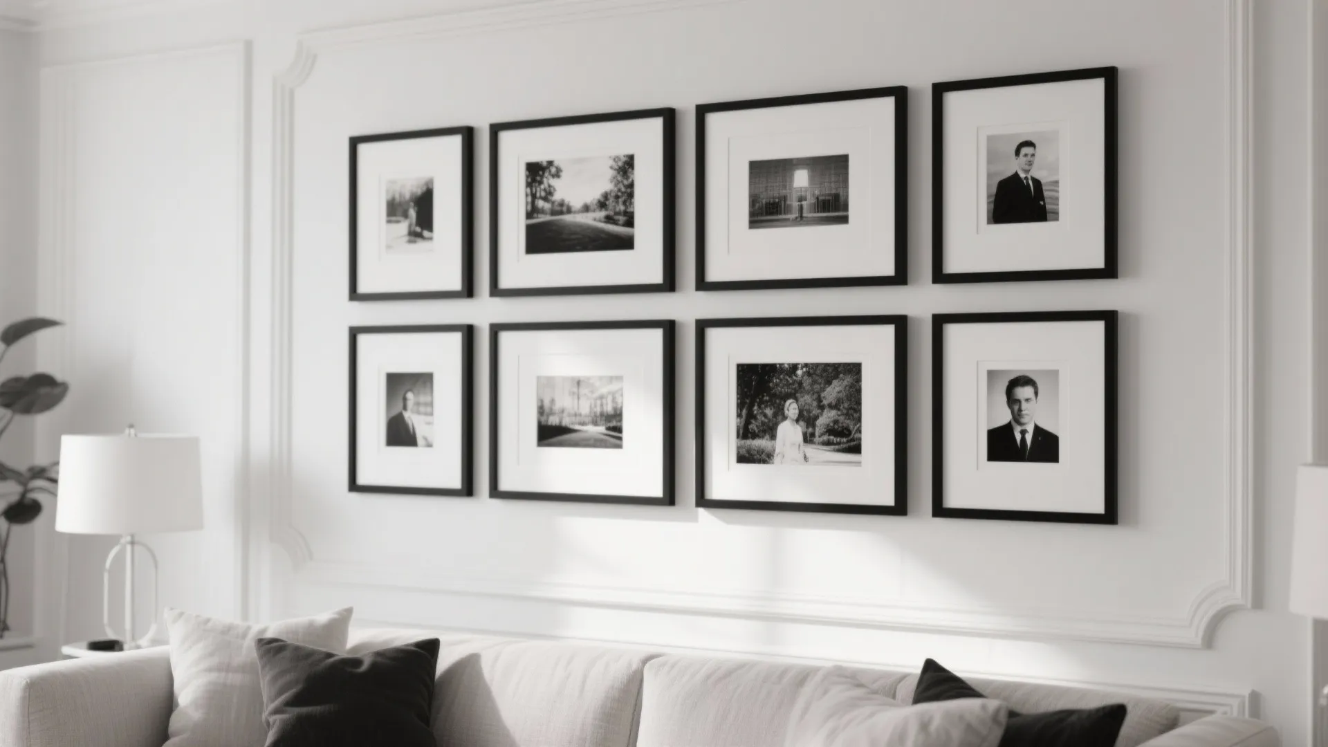 Modern living room with black and white photo frames hanging on a white wall panel