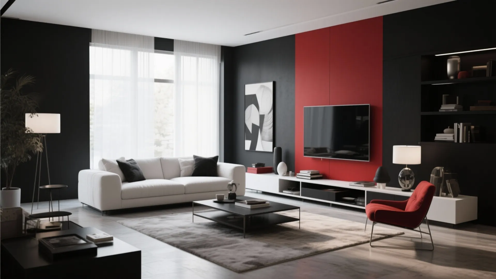 Modern black and white living room featuring a red wall panel and a flat screen television