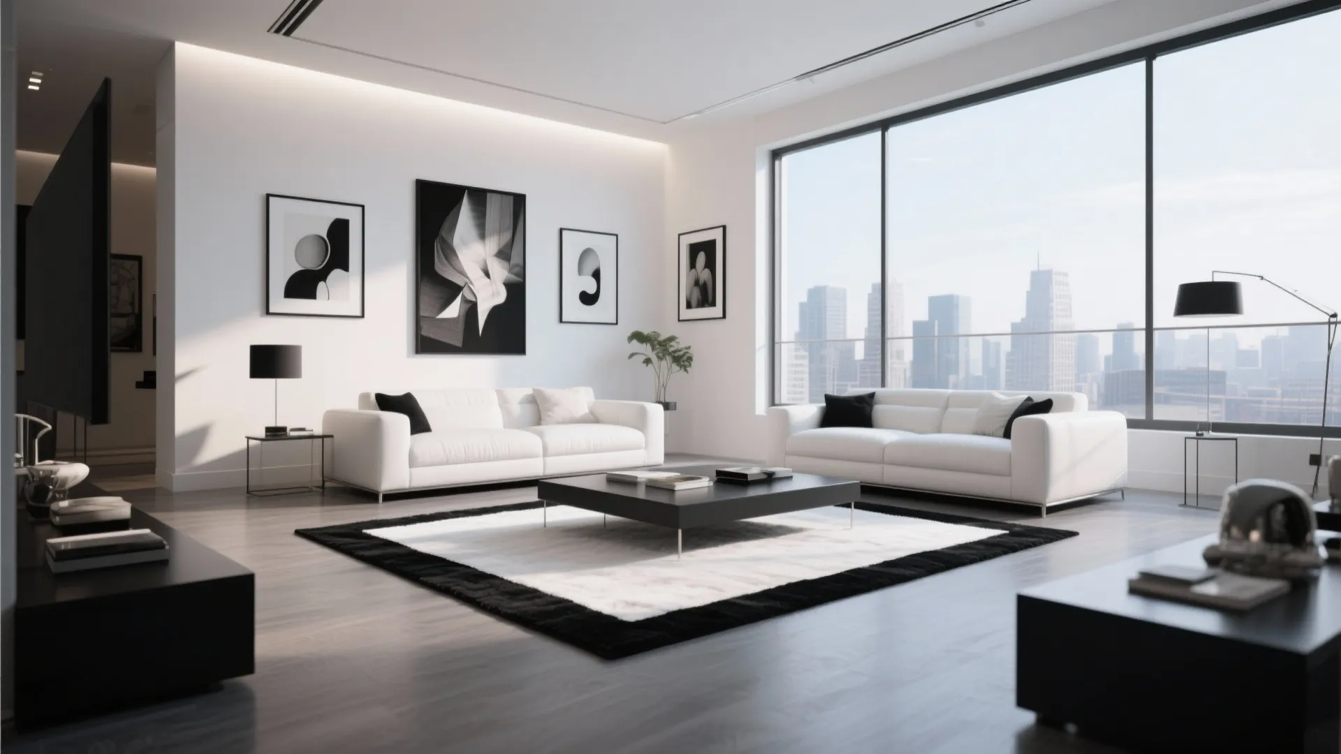 Modern white living room with black and white rug, two sofas, coffee table and windows