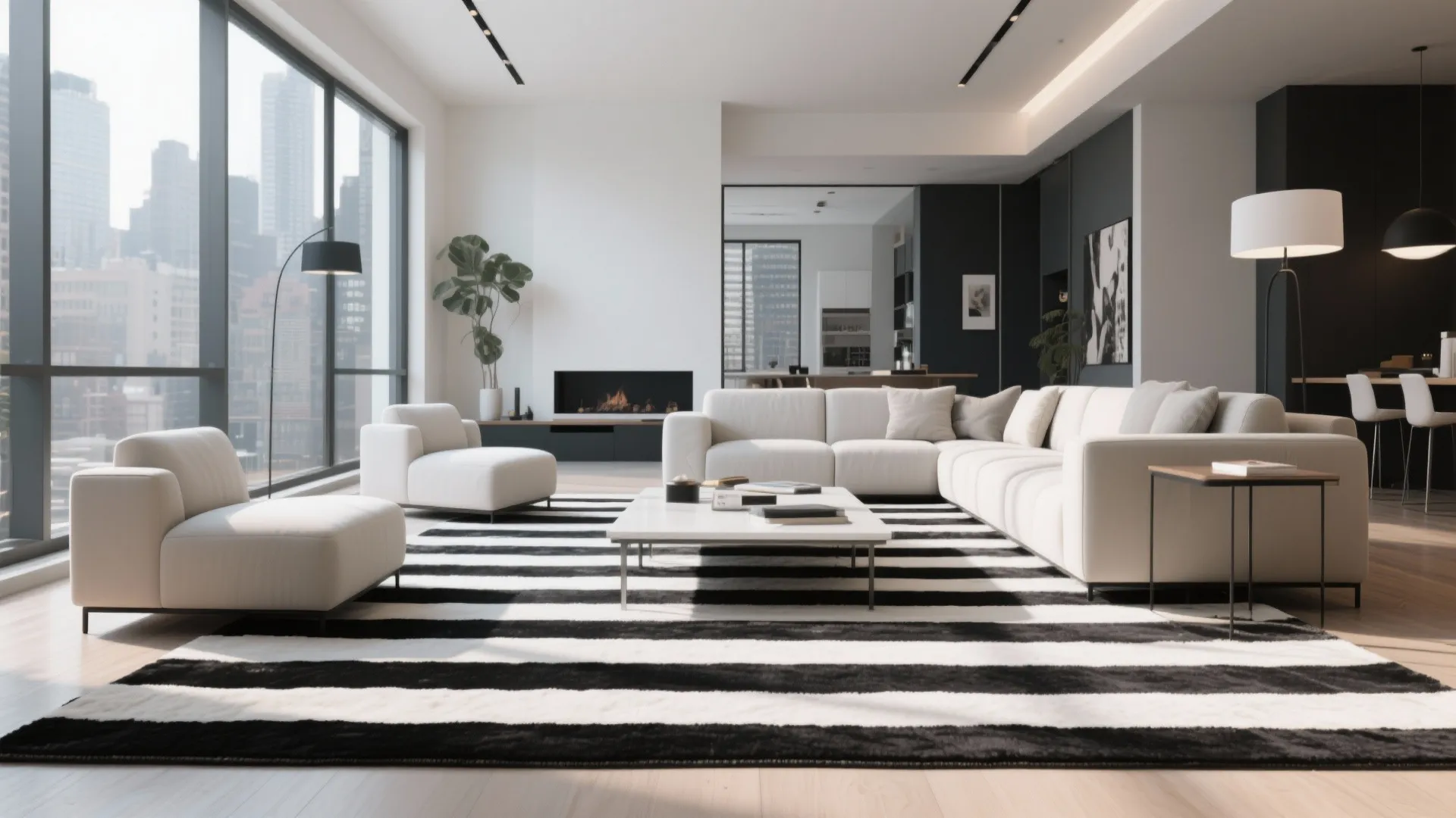 Modern apartment living room with black and white striped rug white sofa and city view