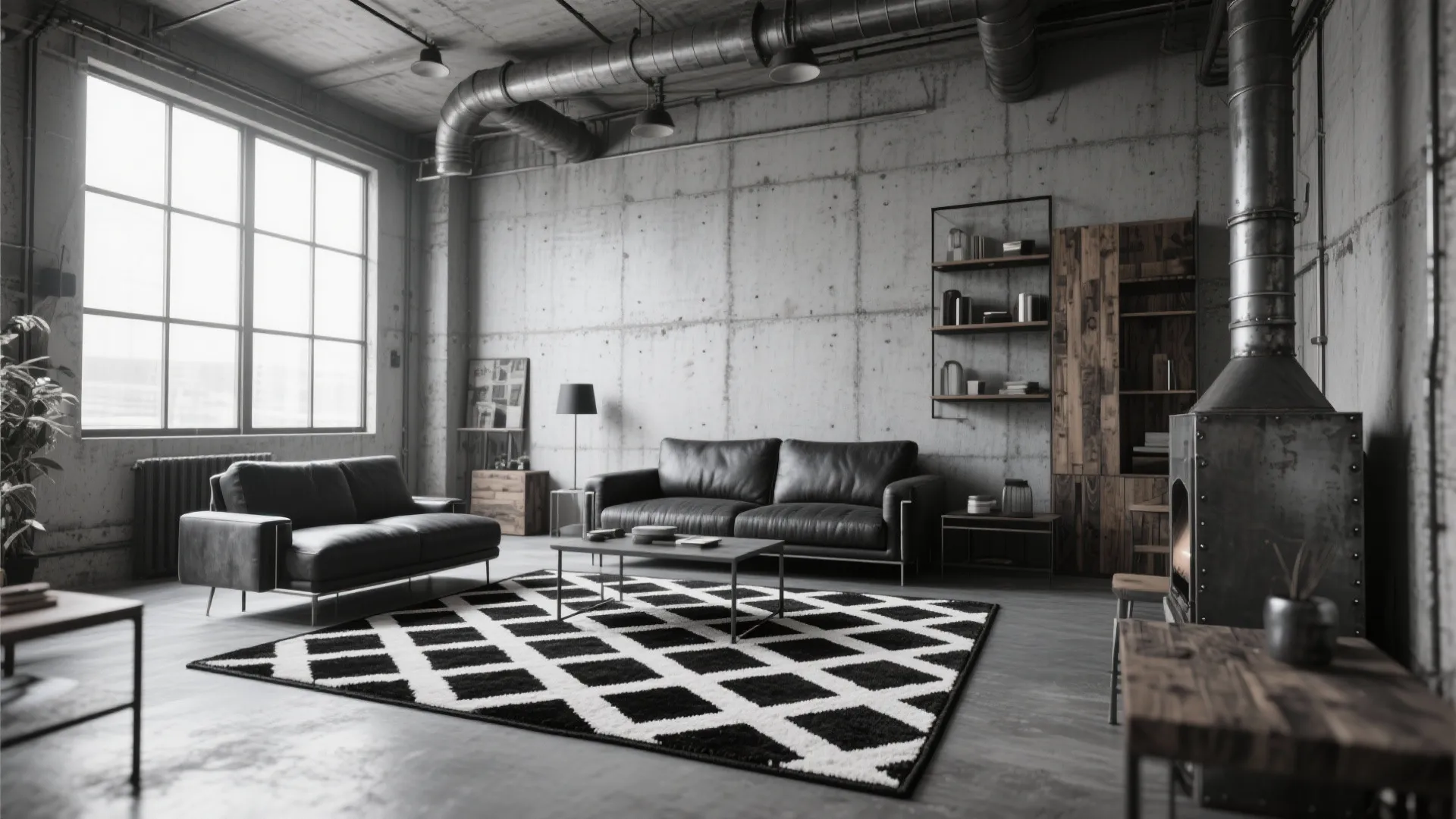 Industrial living room featuring concrete walls black leather sofas fireplace and large patterned area rug