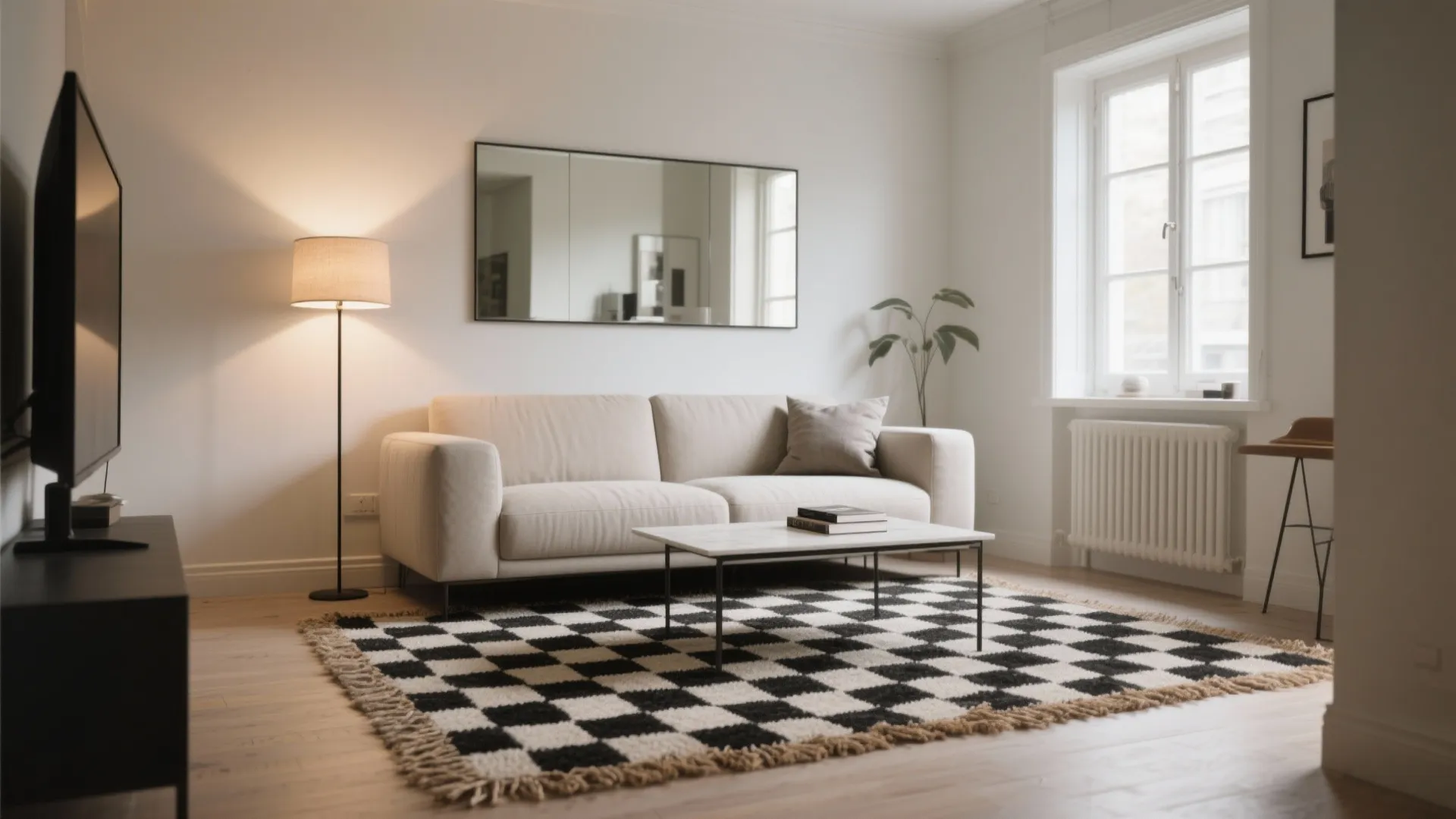 Modern living room with white sofa black and white checkered rug coffee table and lamp