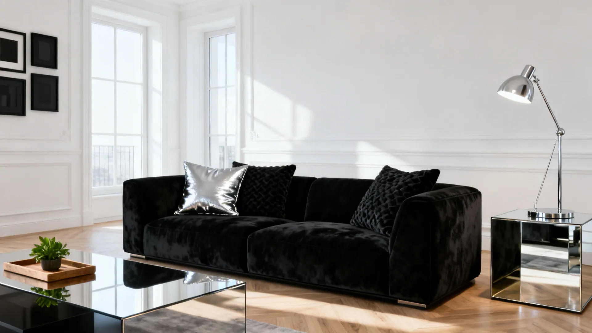 Modern white living room with black sofa silver pillows chrome coffee table and floor lamp