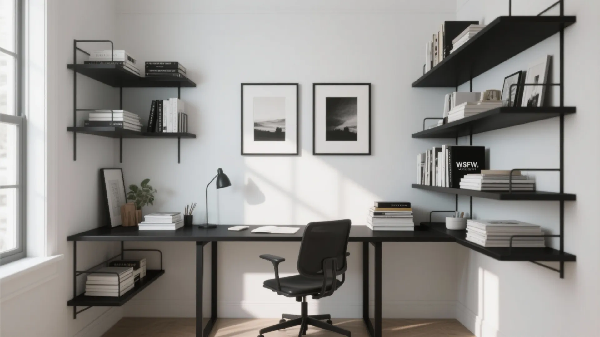 Study room with black shelves against white walls