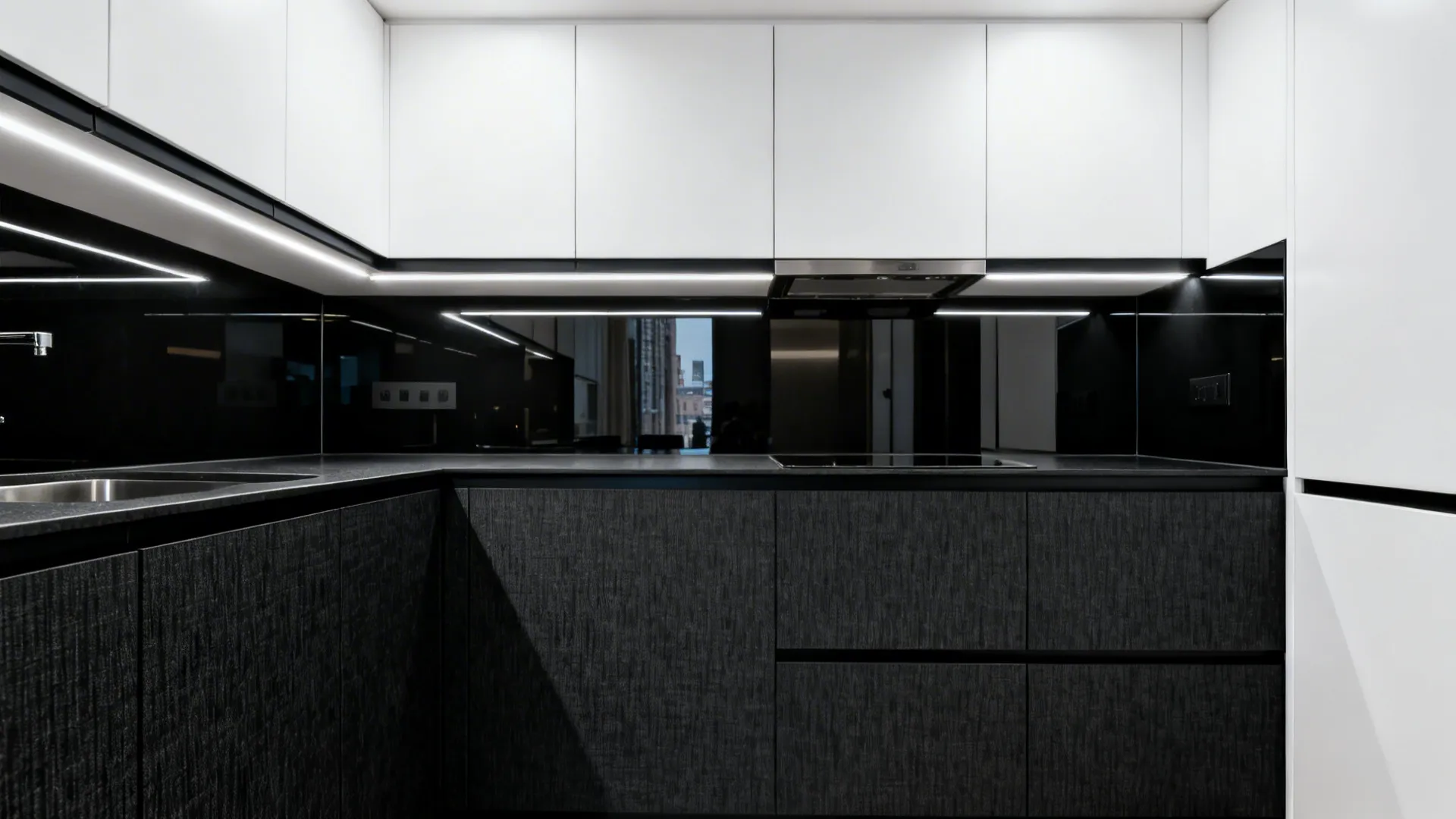 High-contrast kitchen with textured black lowers and white uppers with thin black reveal.