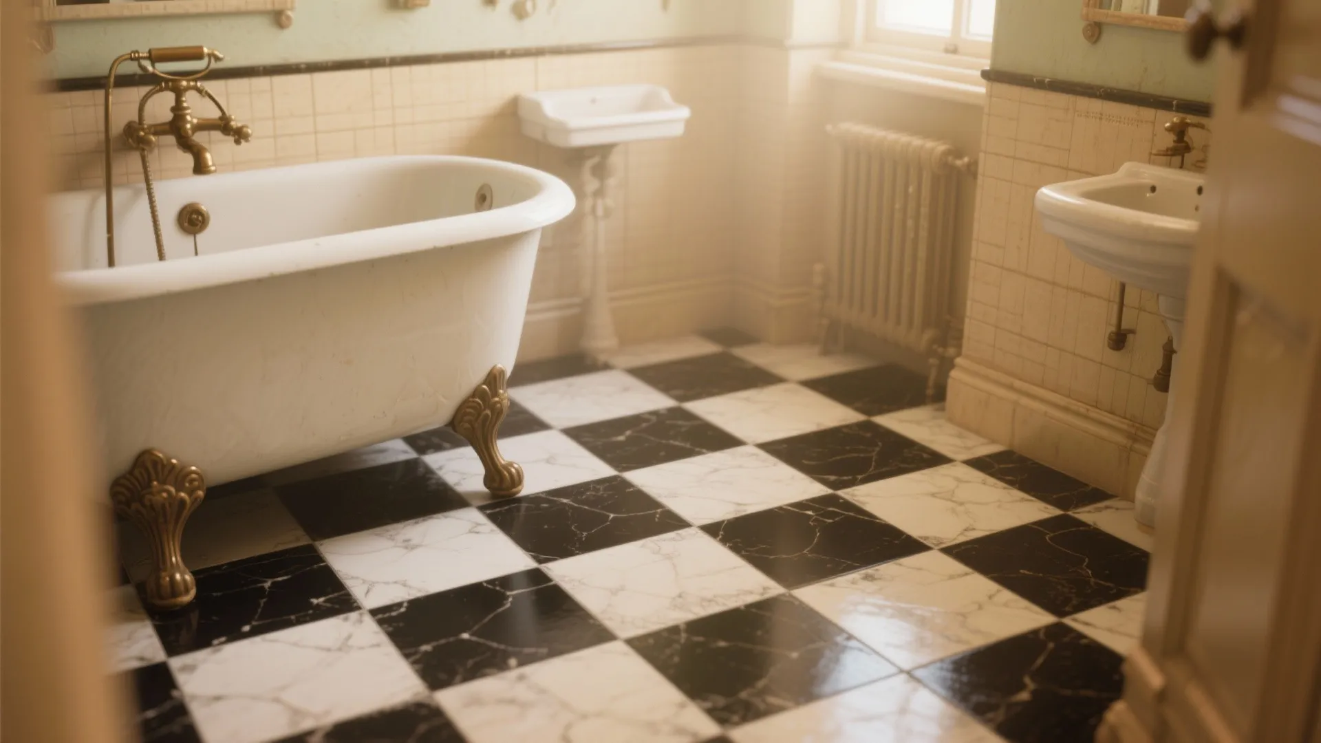 Classic bathroom featuring black and white floor tiles with white bathtub and two small sinks