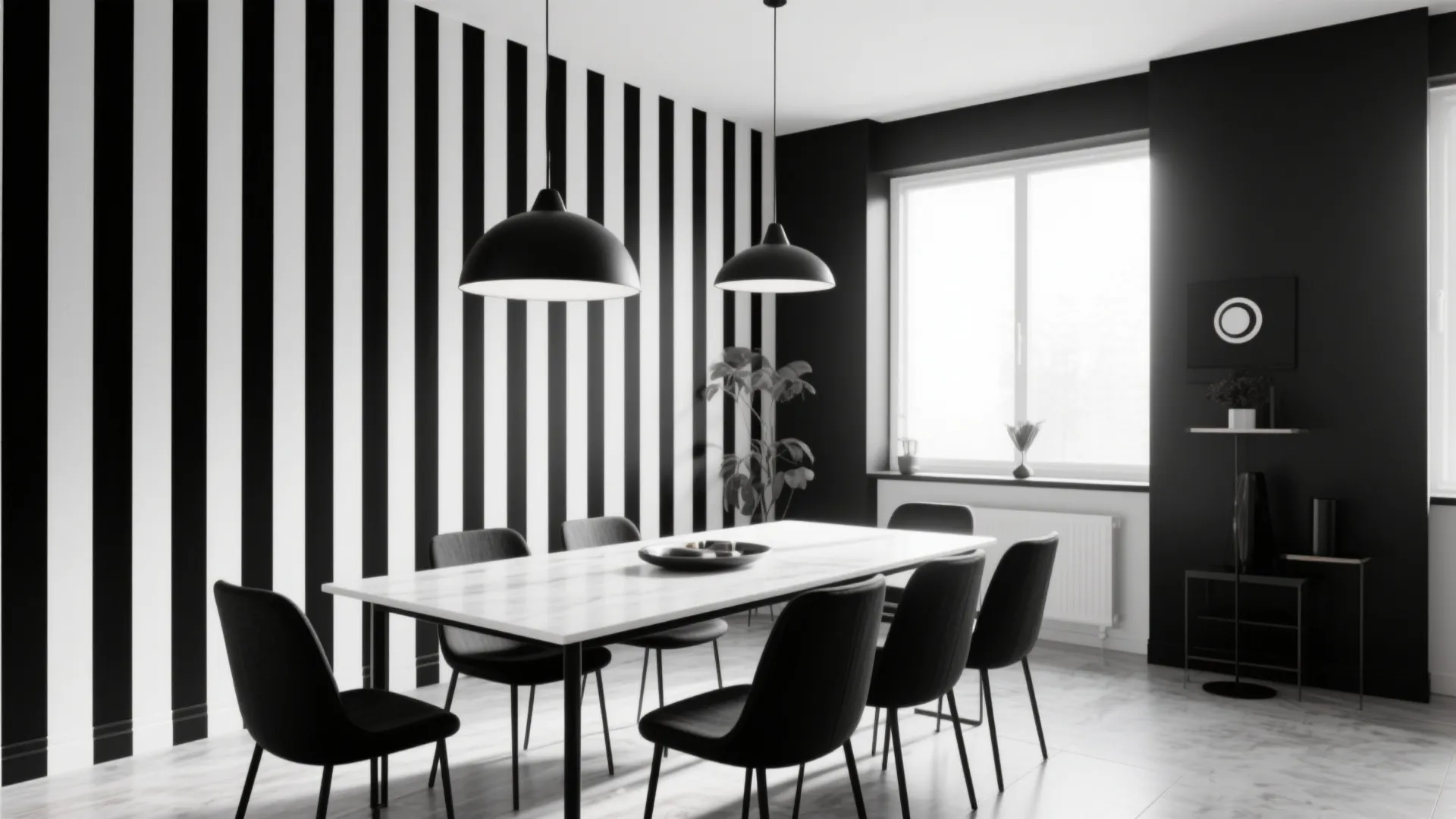 Dining room with black and white striped wallpaper