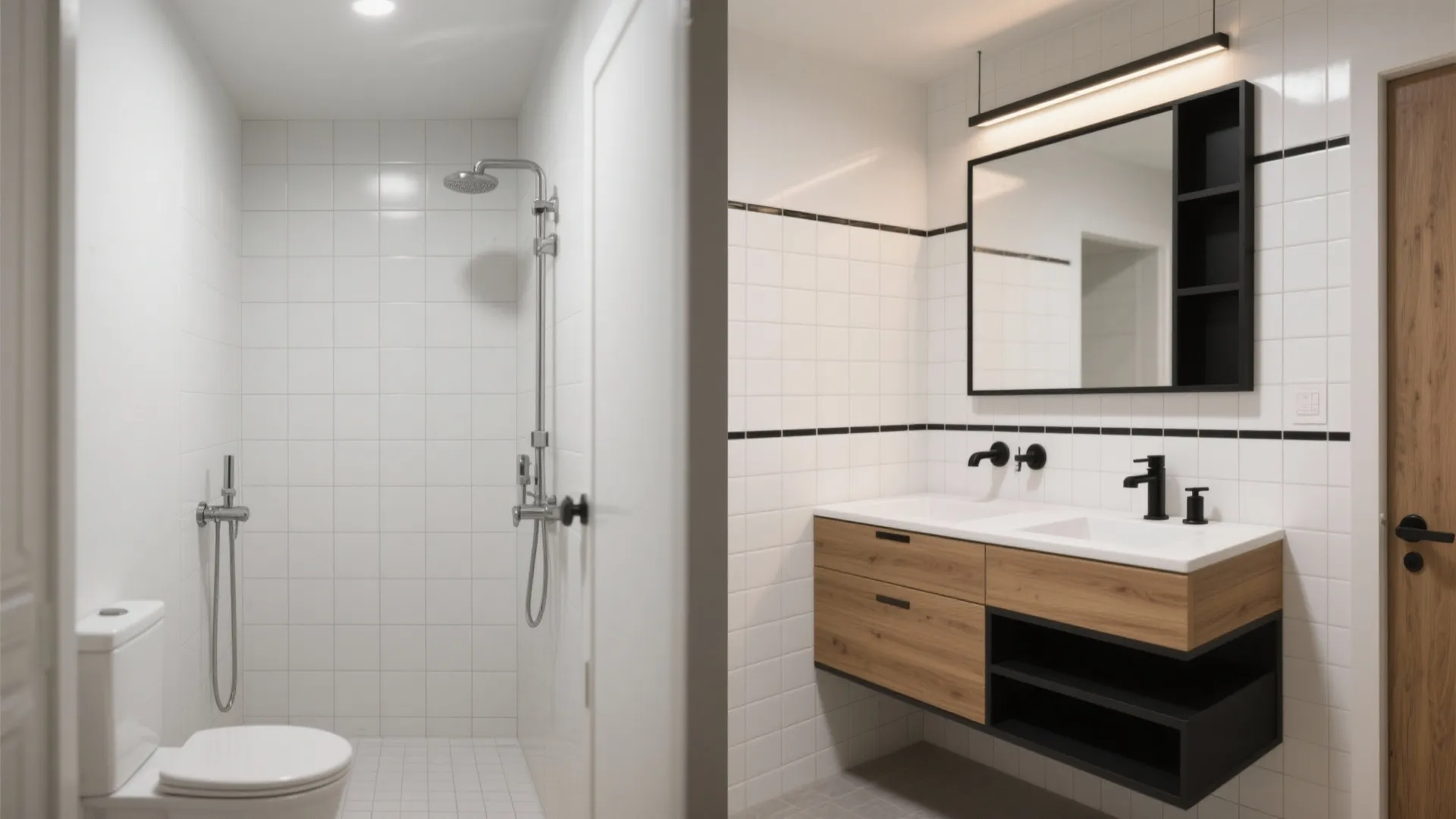 Split image showing white tiled shower area and modern wooden vanity with black mirror frame
