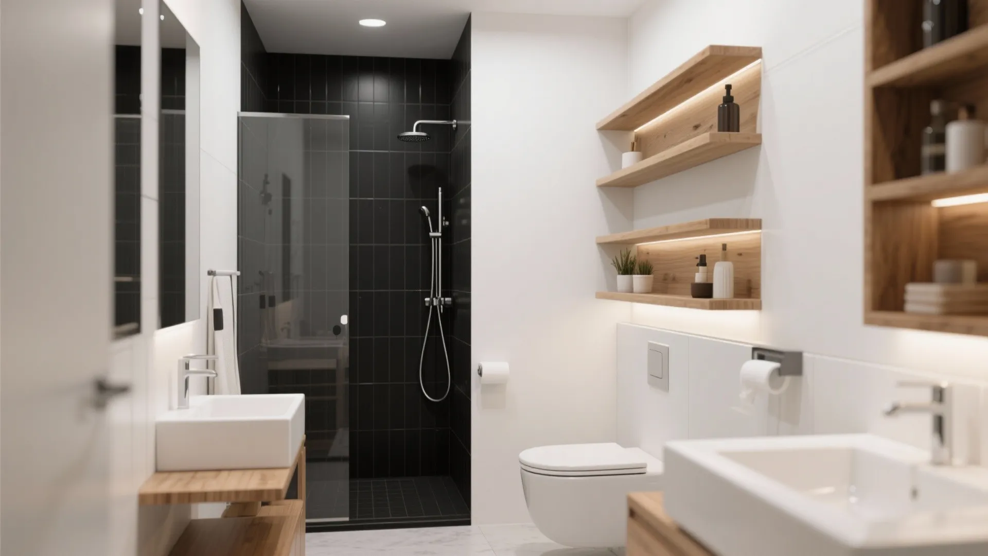 Modern bathroom featuring black shower tiles white toilet wooden wall shelves and dual sink vanity setup