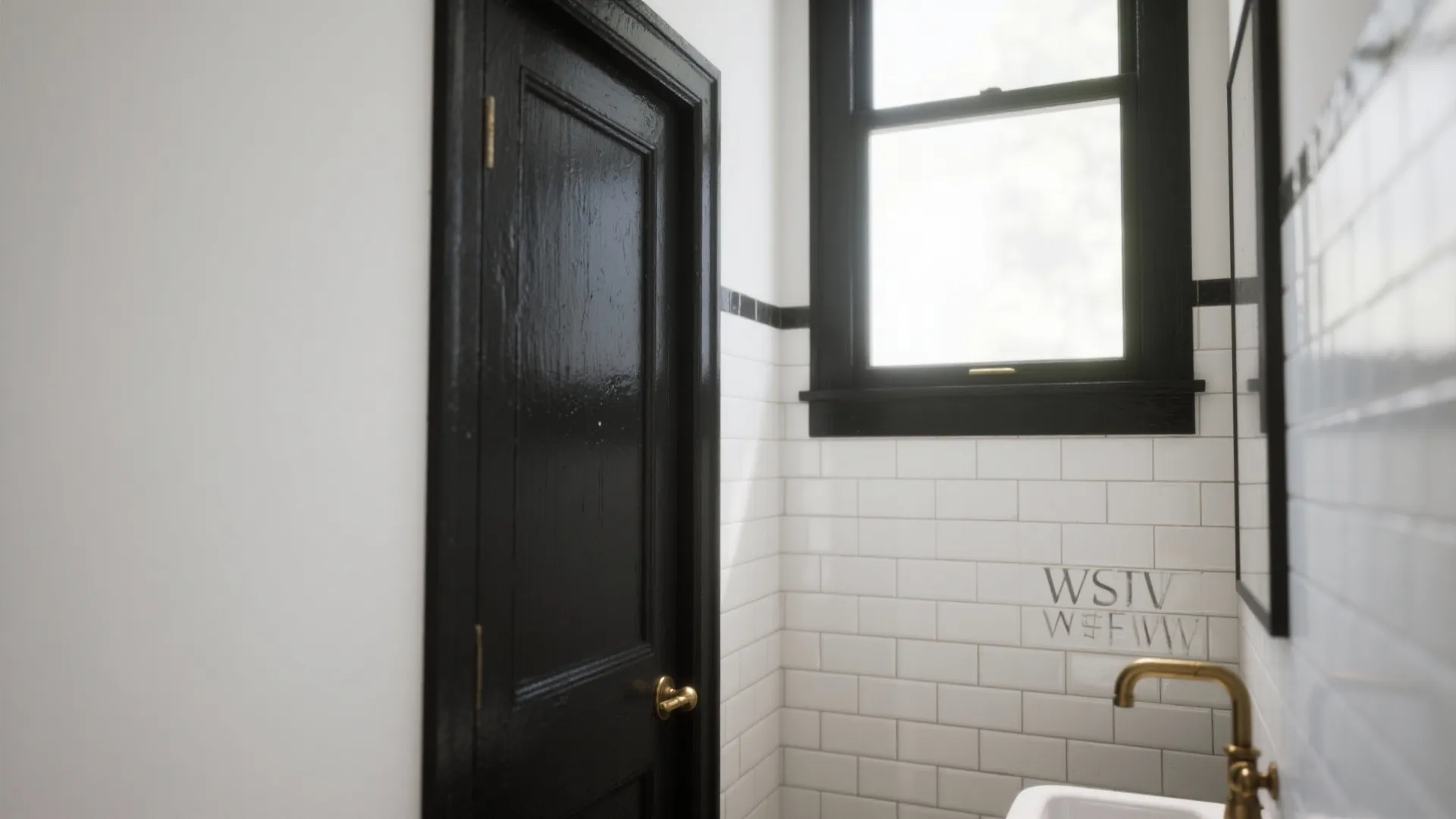 Bathroom corner with black door white subway tiles black window frame and gold metal faucet