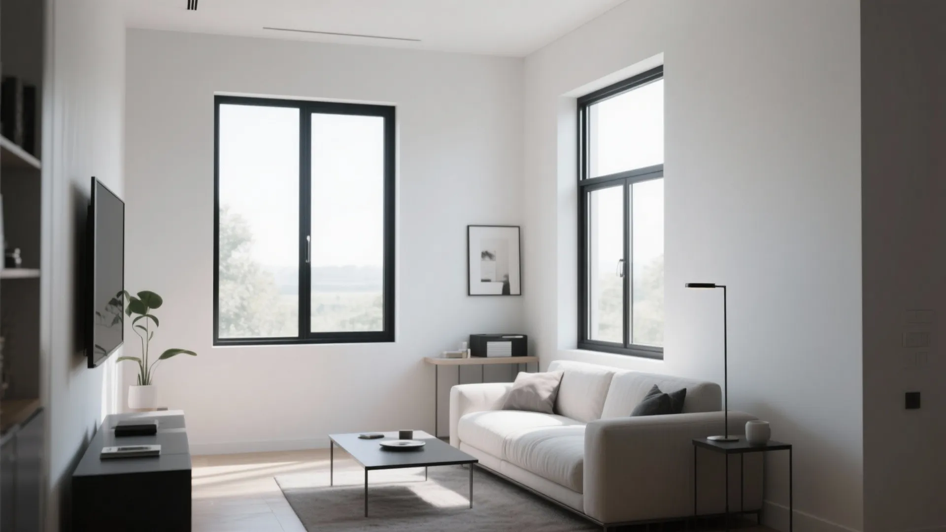 Bright minimalist living room with black window frames white sofa coffee table and light walls