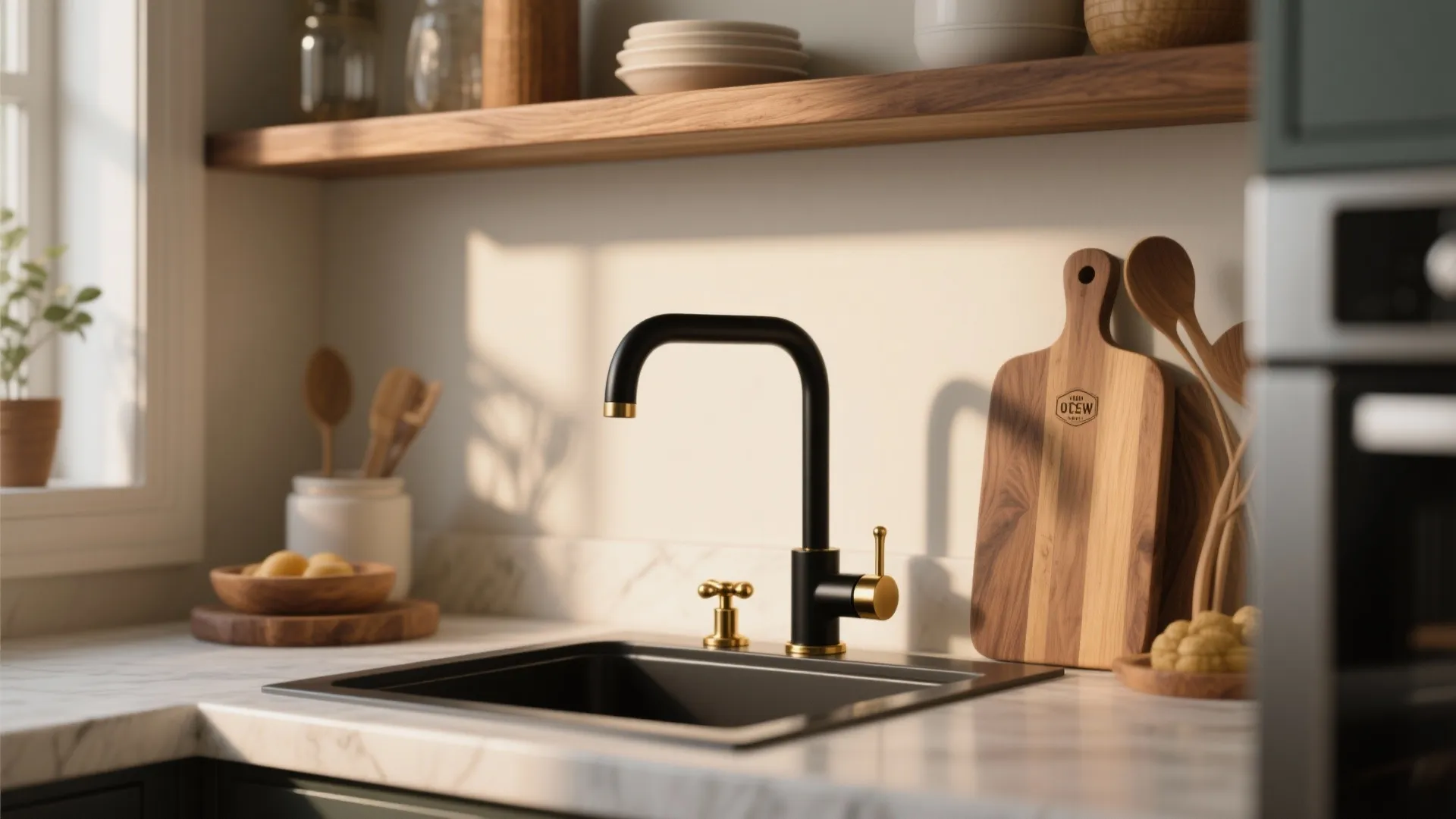 Modern black and gold kitchen water tap on marble countertop with wooden shelf and cutting board