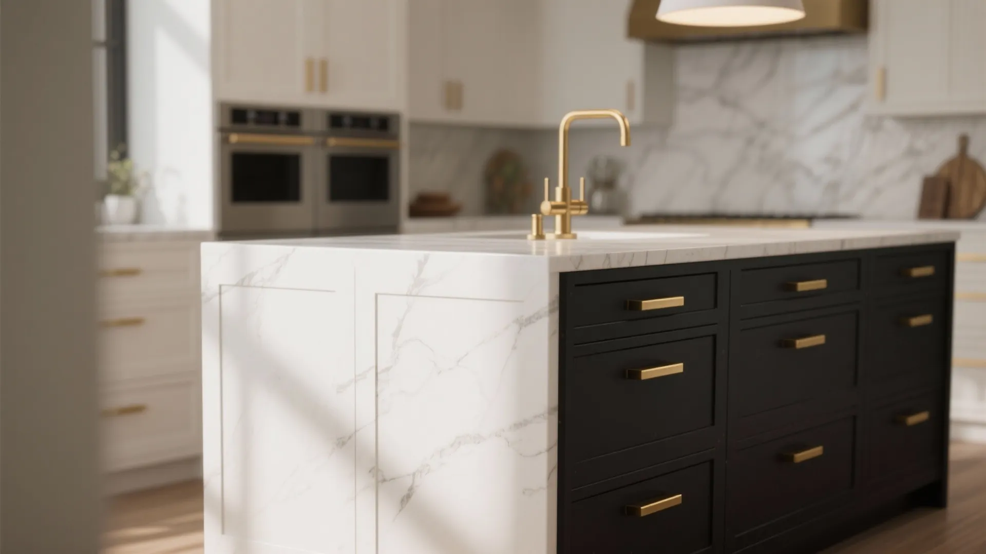 4. Mixed finishes: black pulls with brass accents