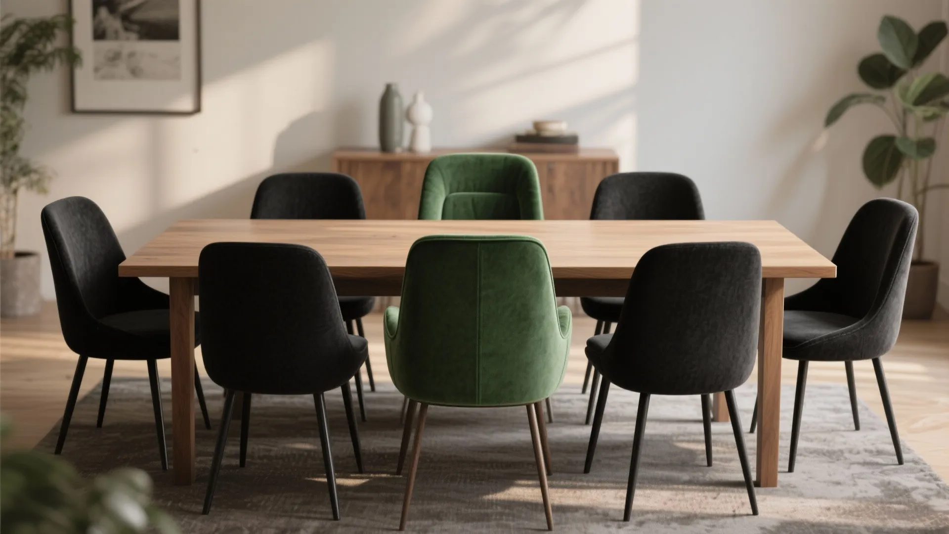 4. Mix black fabric chairs with one accent seat