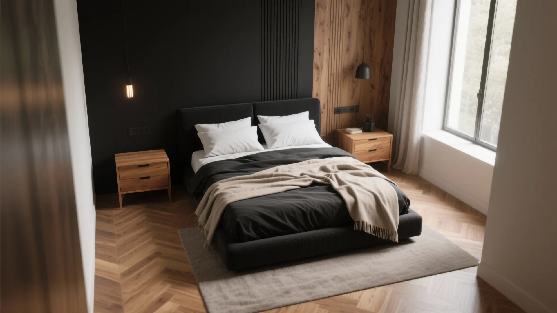 3. Mix black with warm woods for depth