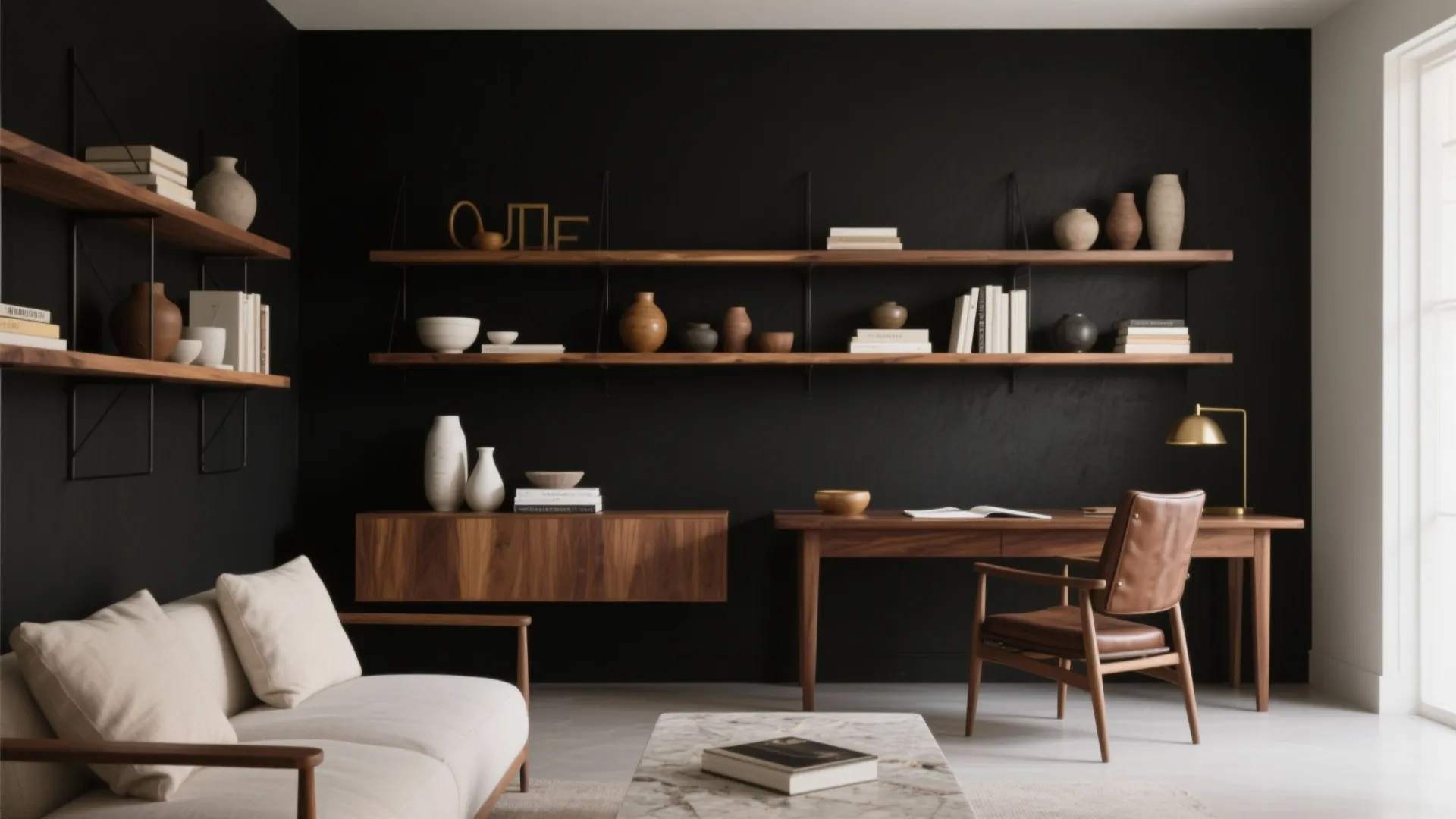 Modern home office with black wall wooden shelves desk leather chair and white cream sofa