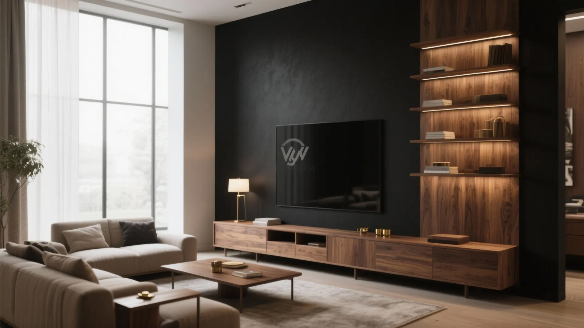 1. Black Accent Wall with Warm Wood
