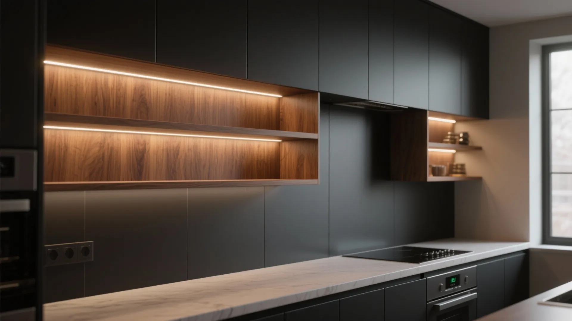 1. Matte black + warm wood accents