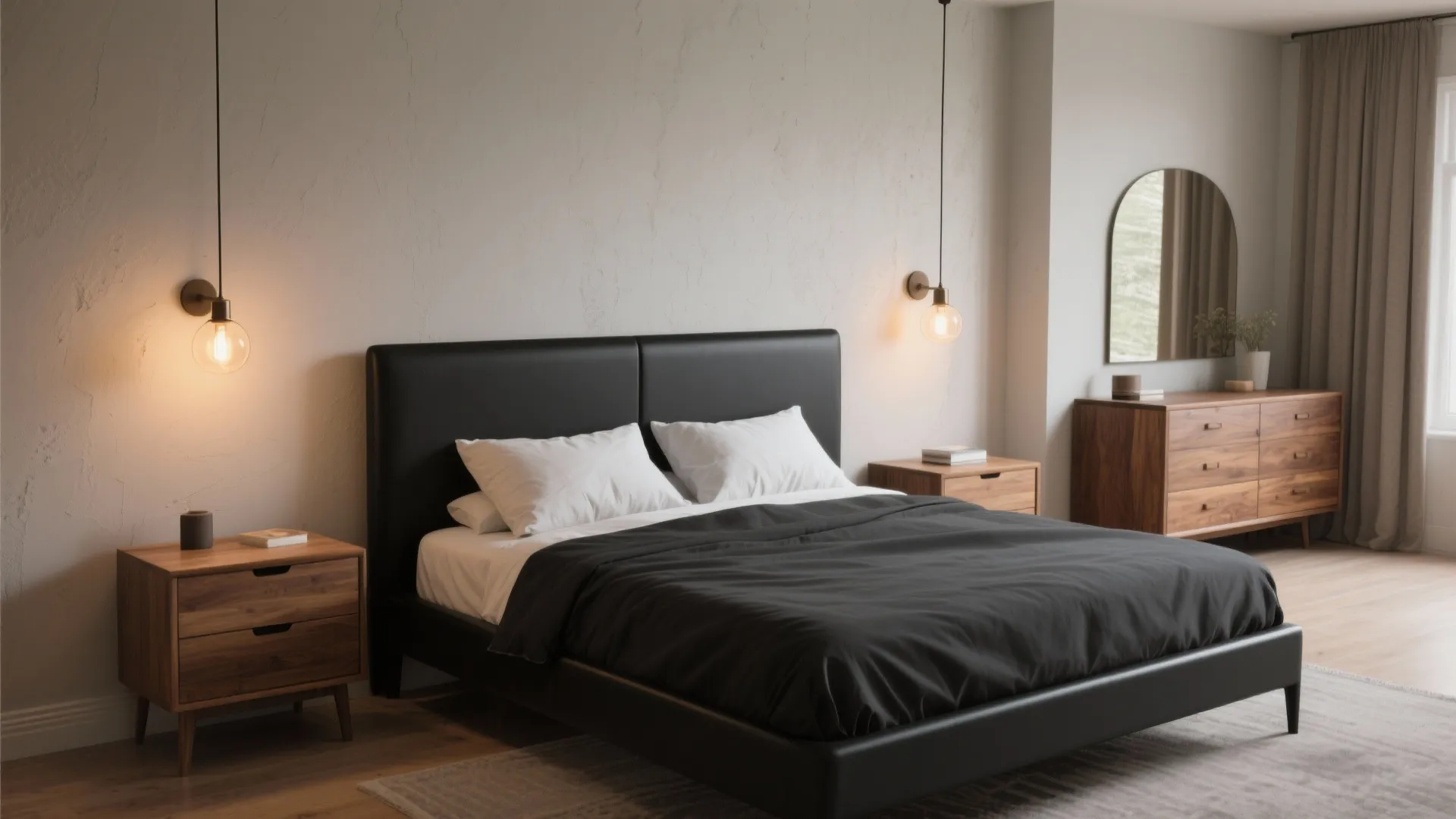 1. Matte Black Frames + Warm Wood Accents